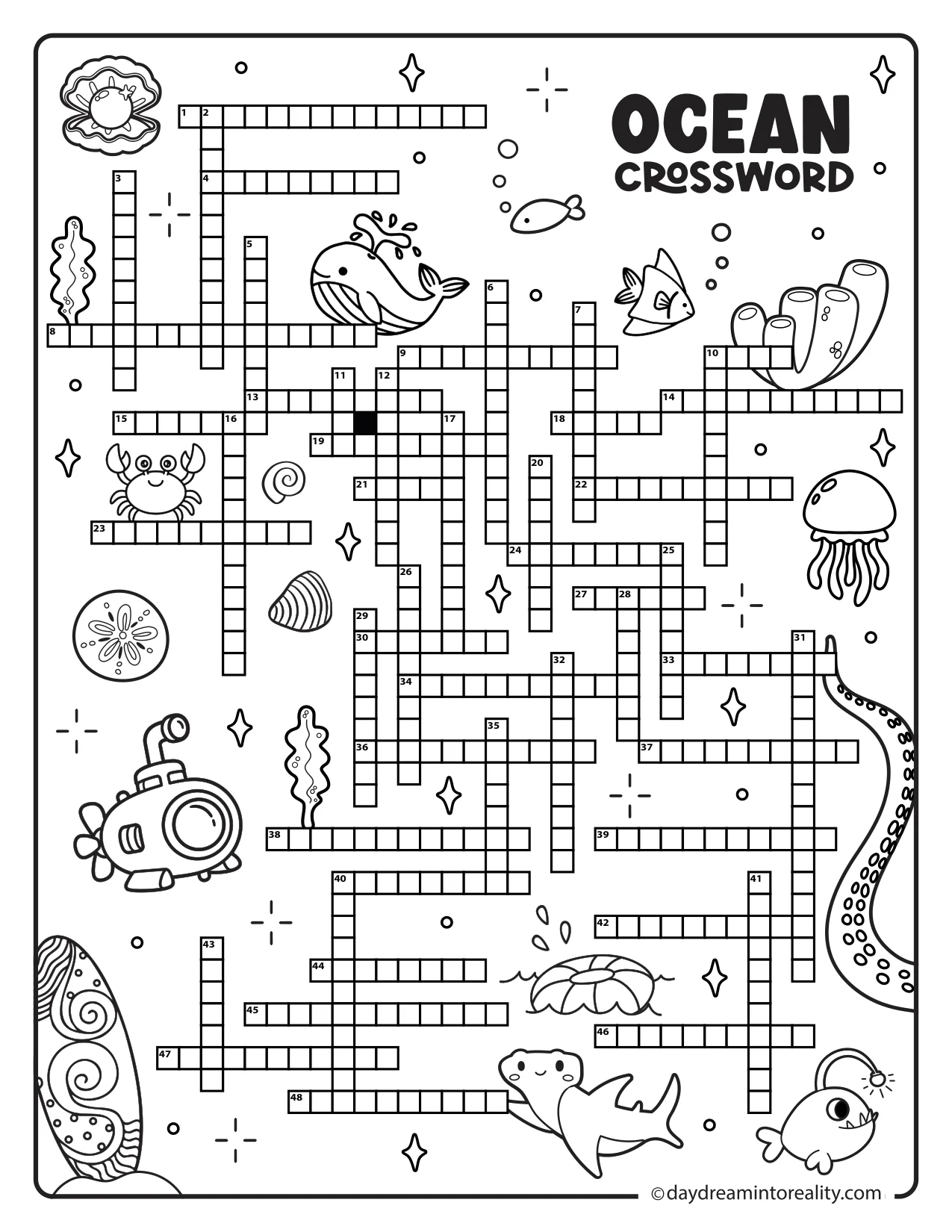 Printable expert ocean crossword with challenging clues about ocean phenomena, marine life, and underwater exploration.