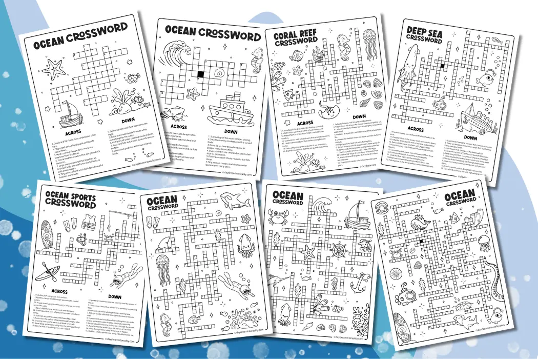 Collection of 15+ free printable ocean crossword puzzles with downloadable PDFs covering ocean animals, sea life, coral reefs, sharks, deep sea exploration, ocean weather, water sports, beaches, and marine habitats for kids and adults.