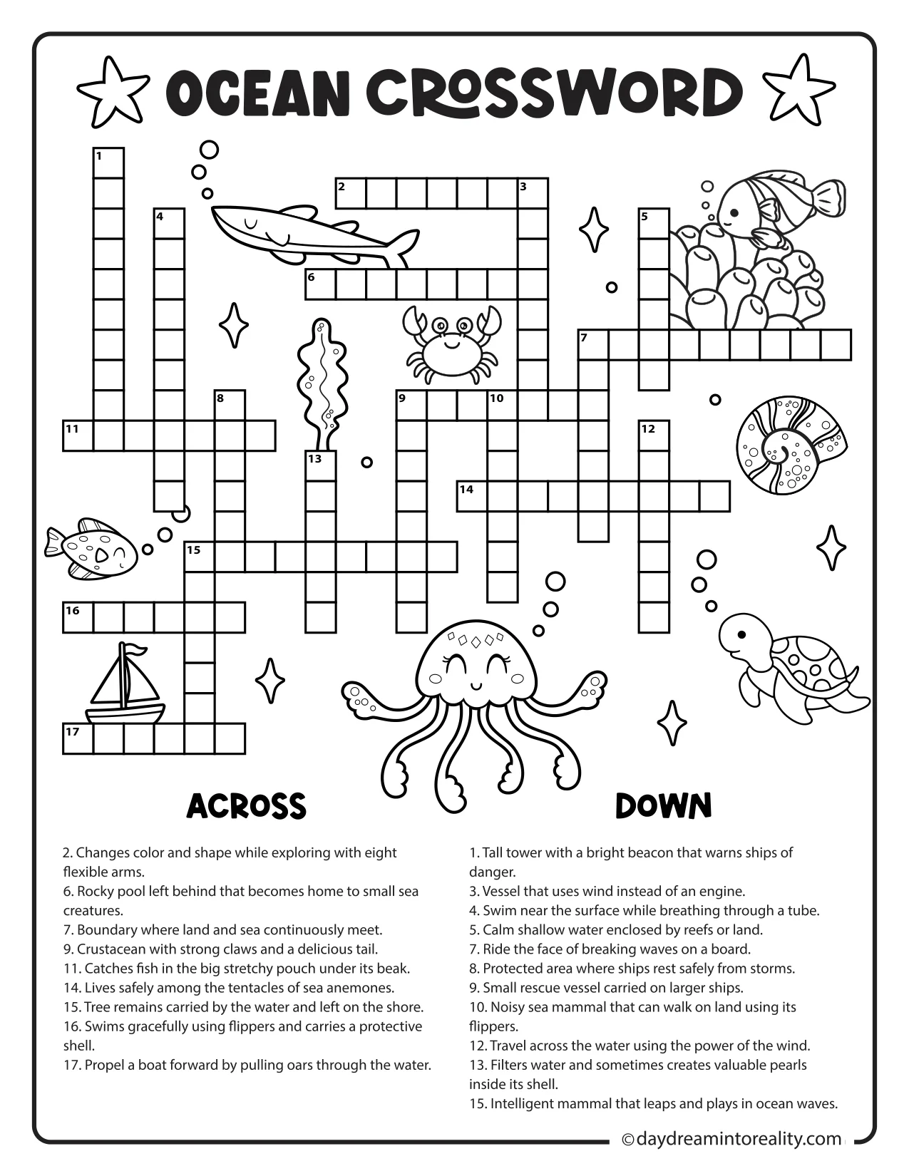 Printable intermediate ocean crossword puzzle featuring marine animals, ocean habitats, and coastal geography.