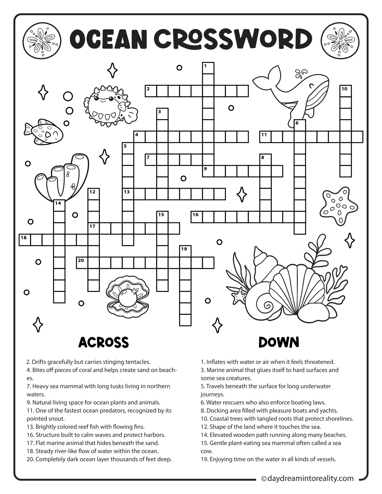Printable intermediate ocean crossword with clues about sea life, tides, beaches, and ocean exploration.