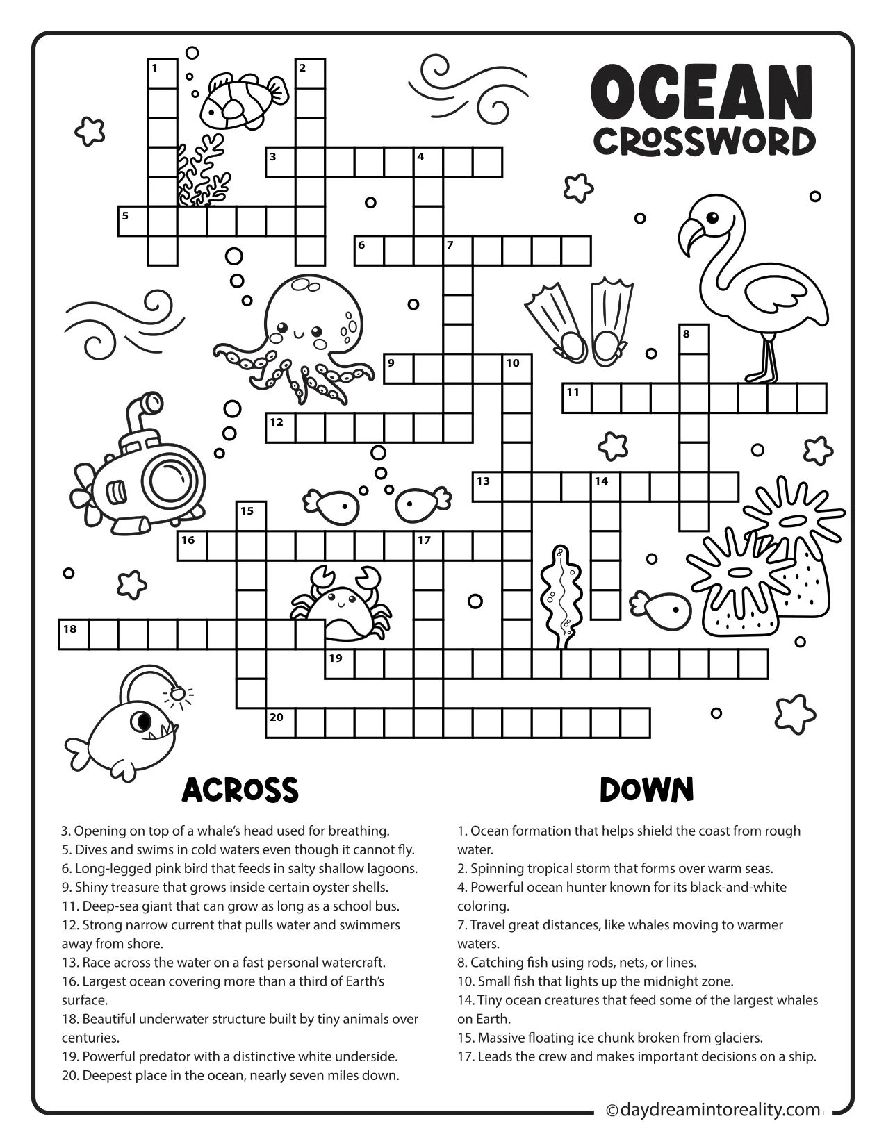 Printable intermediate ocean crossword featuring ocean wildlife, marine habitats, and coastal vocabulary.