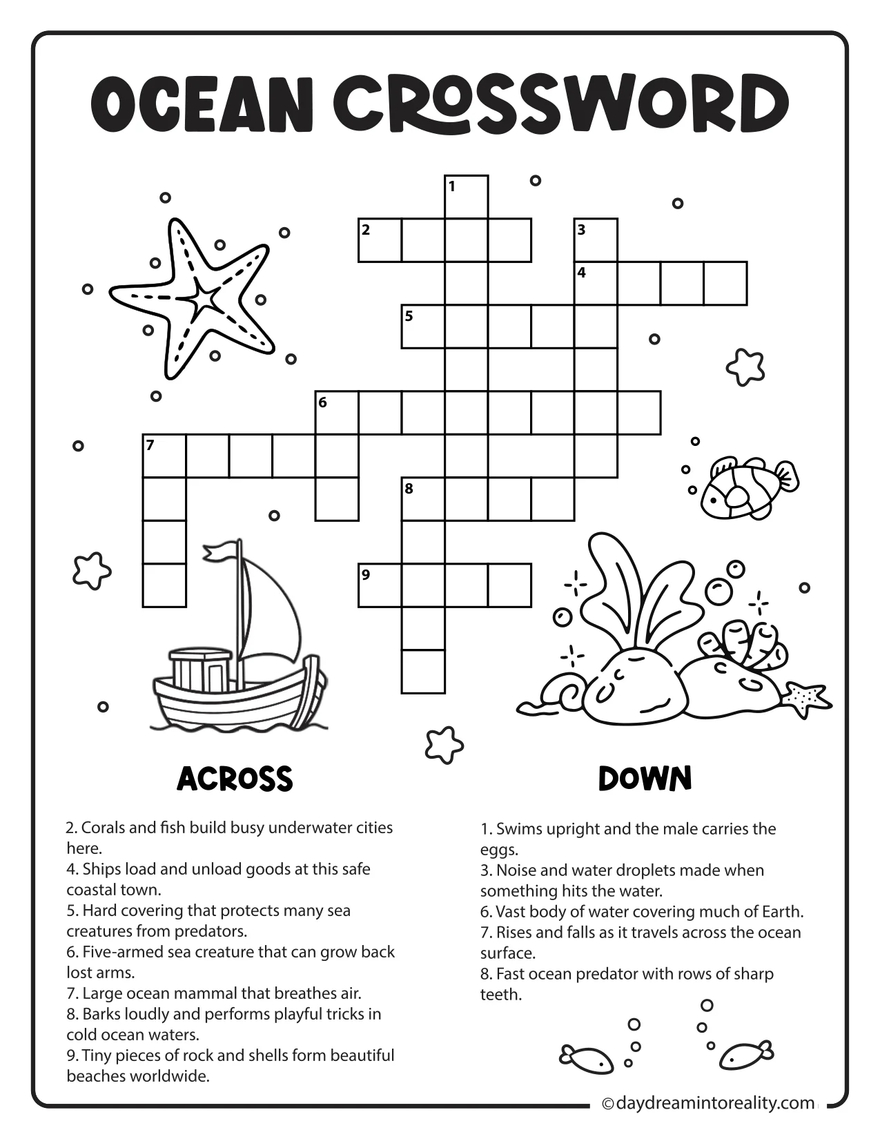 Printable beginner ocean crossword puzzle featuring simple ocean animals, plants, and sea life vocabulary, recommended for ages 7–9.