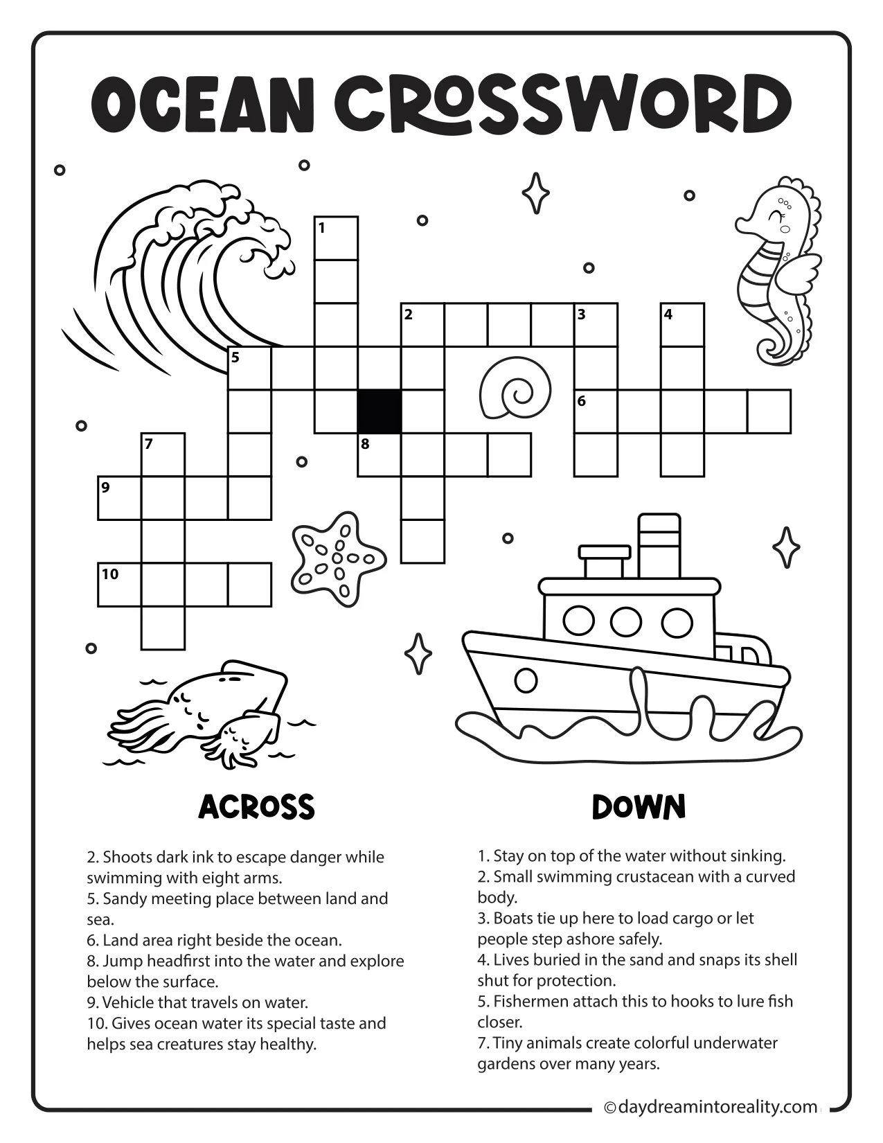 Printable beginner ocean crossword puzzle with clues about beaches, boats, marine life, and ocean habitats, recommended for ages 7–9.
