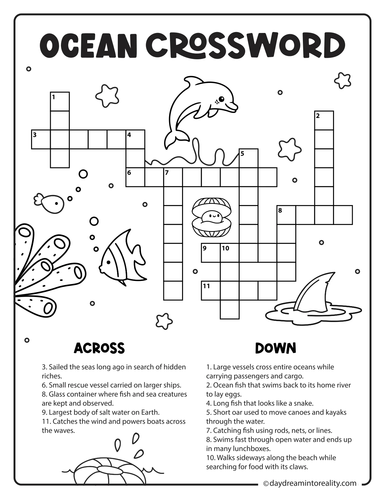Printable beginner ocean crossword featuring easy ocean facts, sea creatures, and coastal vocabulary, recommended for ages 7–9.