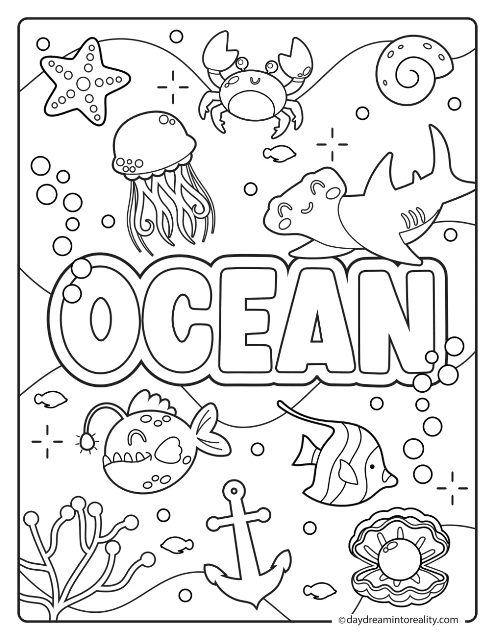 Large Ocean word surrounded cute coloring doodles: shark, crab, jellyfish, pufferfish, tropical fish, shells, anchor, and coral.