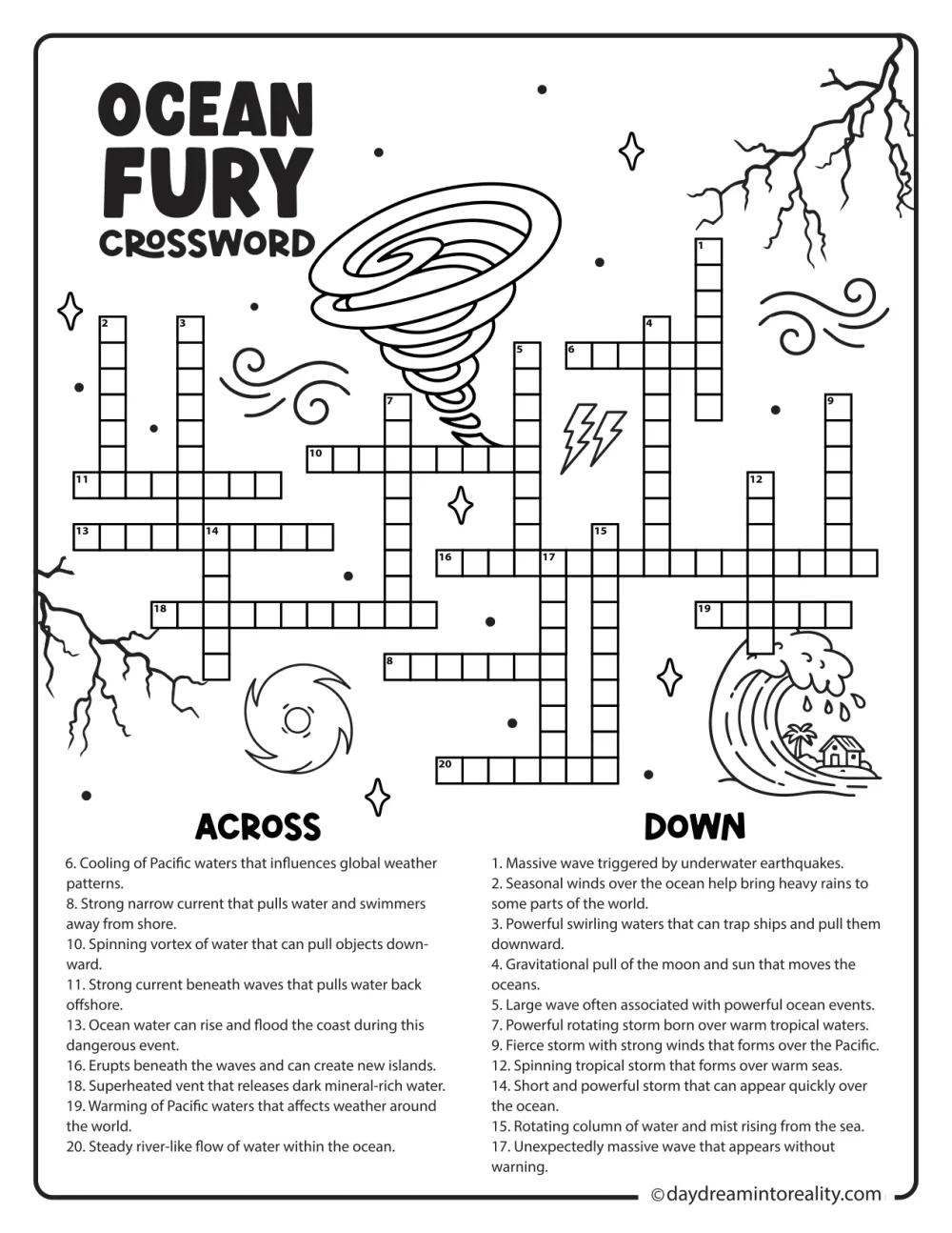 Printable ocean crossword puzzle about tsunamis, hurricanes, rogue waves, whirlpools, and other powerful ocean forces.
