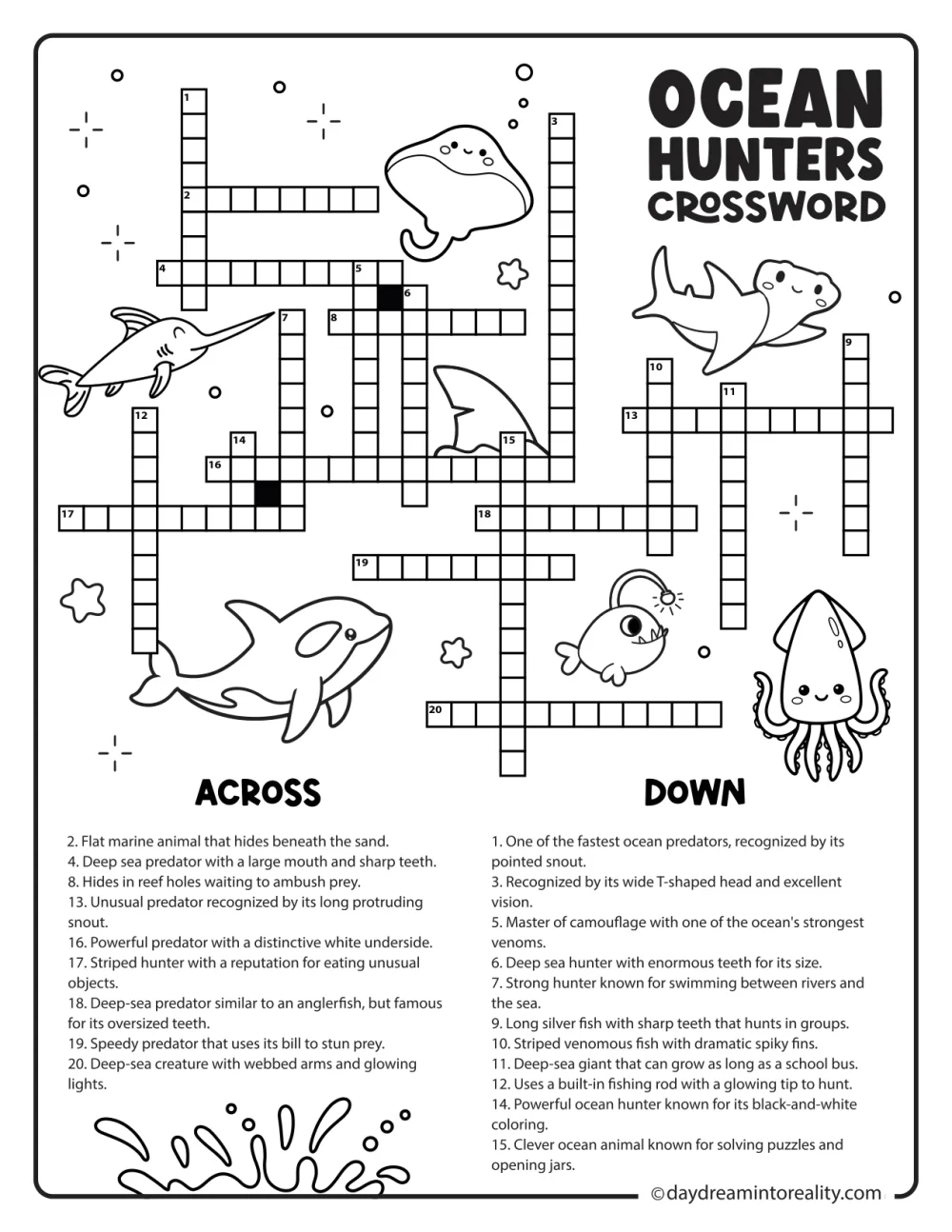 Printable ocean hunters crossword puzzle featuring sharks, orcas, squid, barracudas, and other skilled ocean predators.