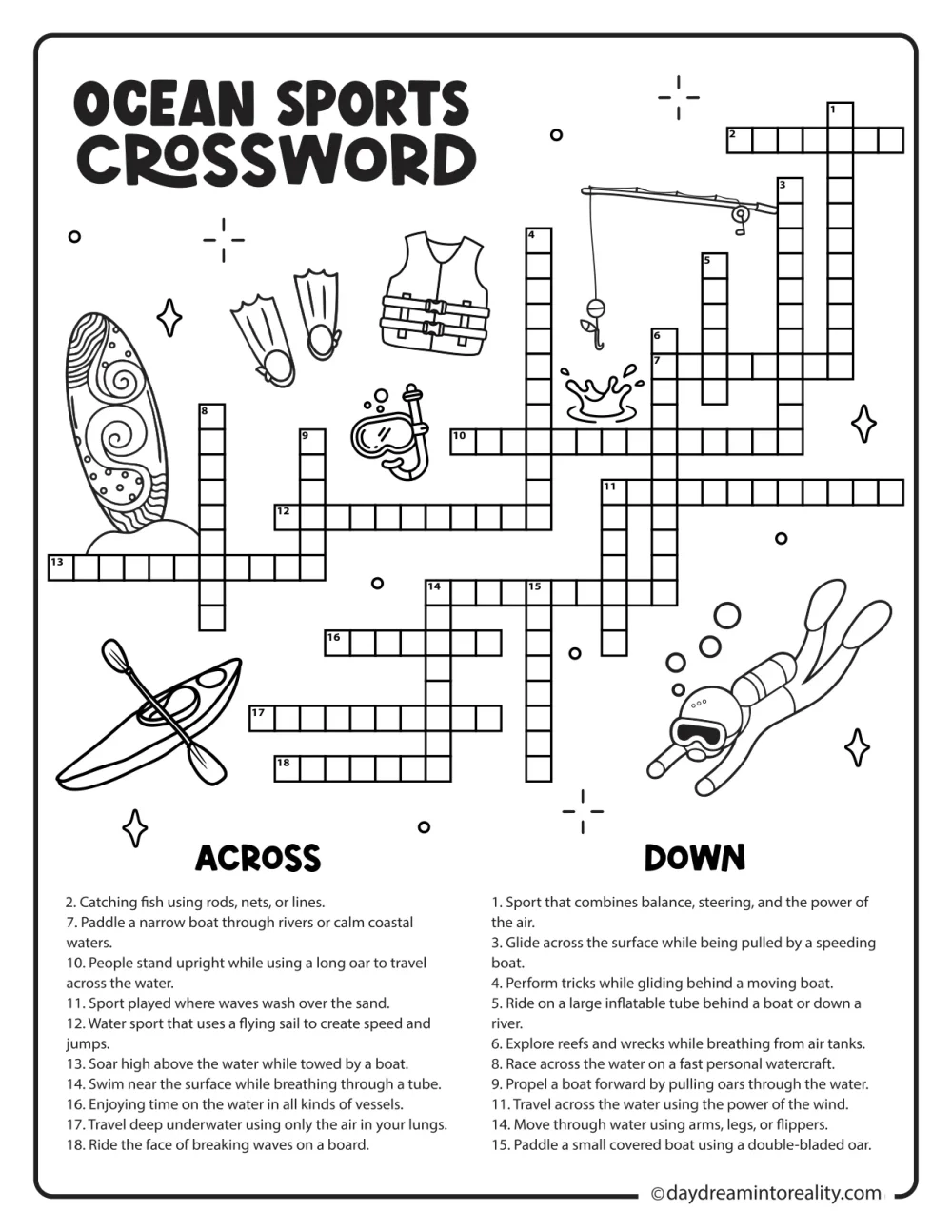 Printable ocean sports crossword puzzle featuring surfing, sailing, snorkeling, scuba diving, kayaking, and other water activities.