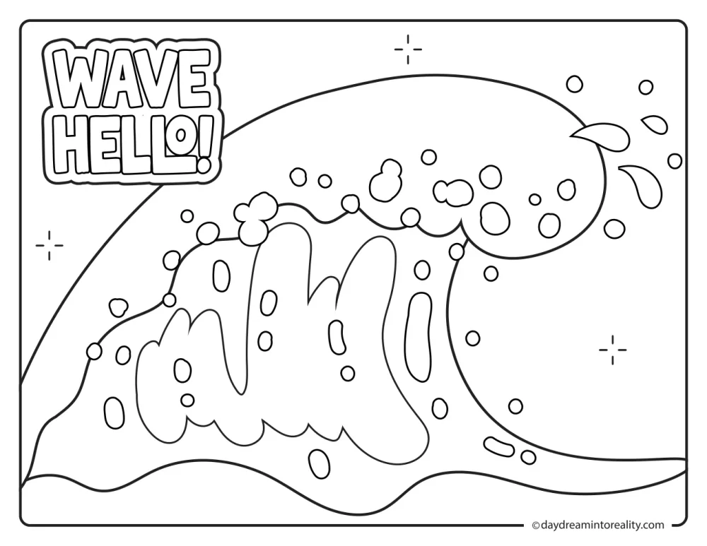 Large curling ocean wave with splashing water, bubbles, sparkles, and Wave Hello text.