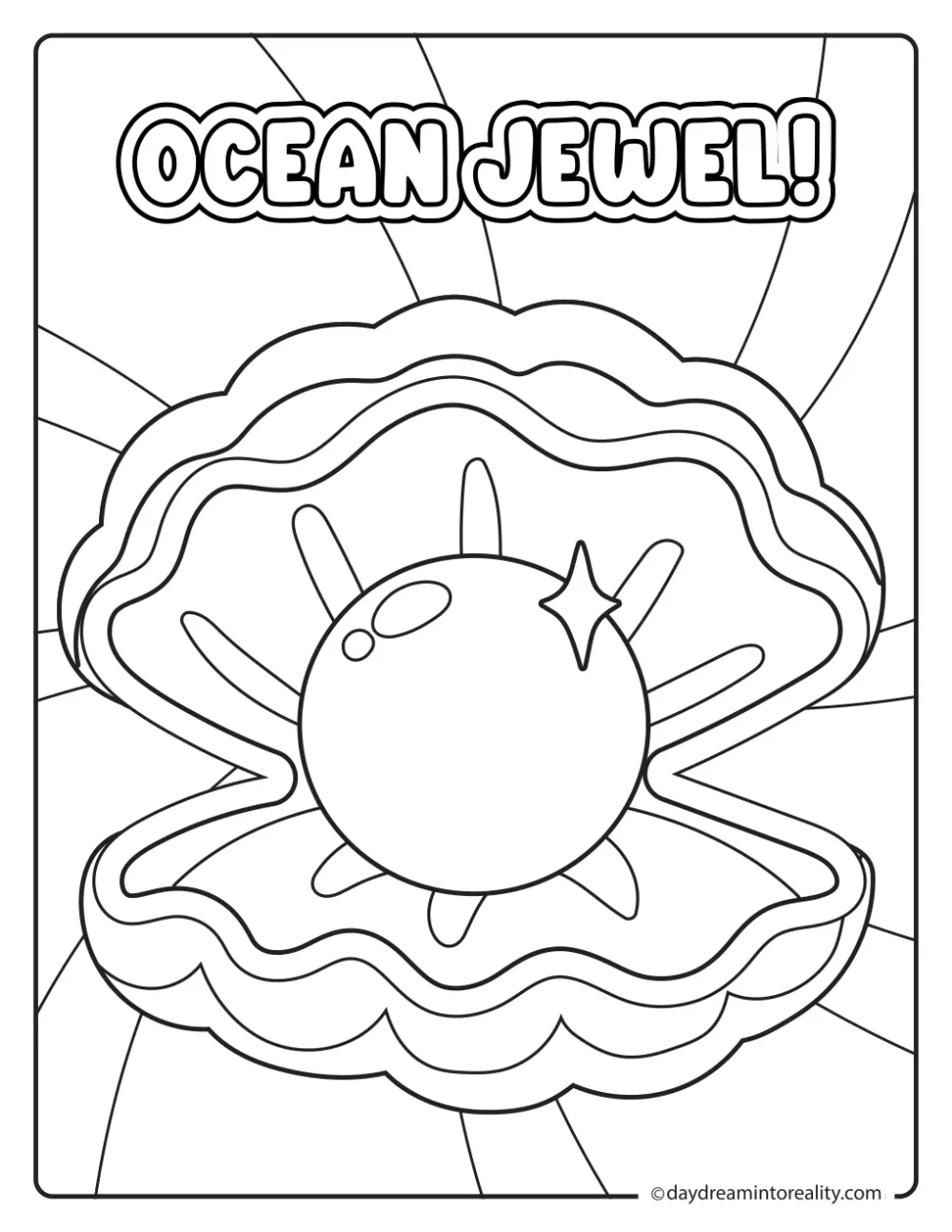 Open clam shell holding a large pearl beneath Ocean Jewel text and flowing underwater lines.
