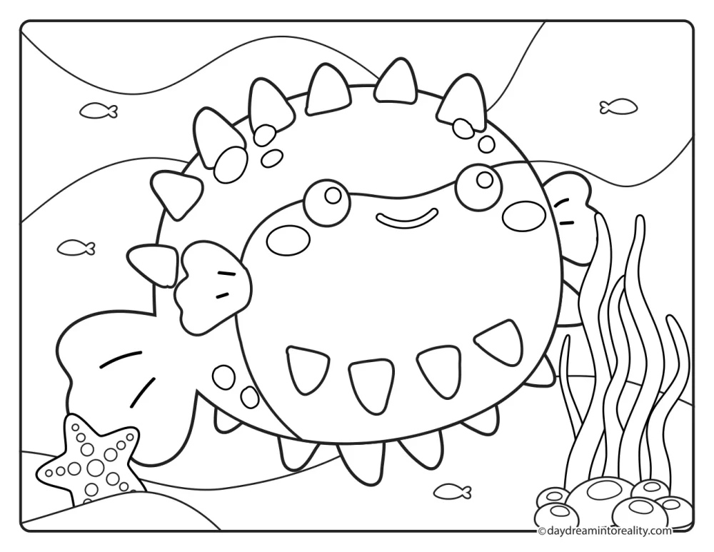 Smiling spiky pufferfish swimming near seaweed, rocks, a starfish, and small fish.