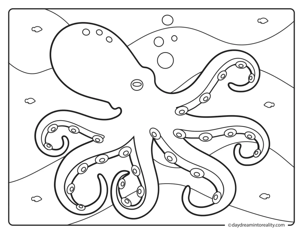Realistic octopus with long curling tentacles and visible suction cups swimming among small fish.