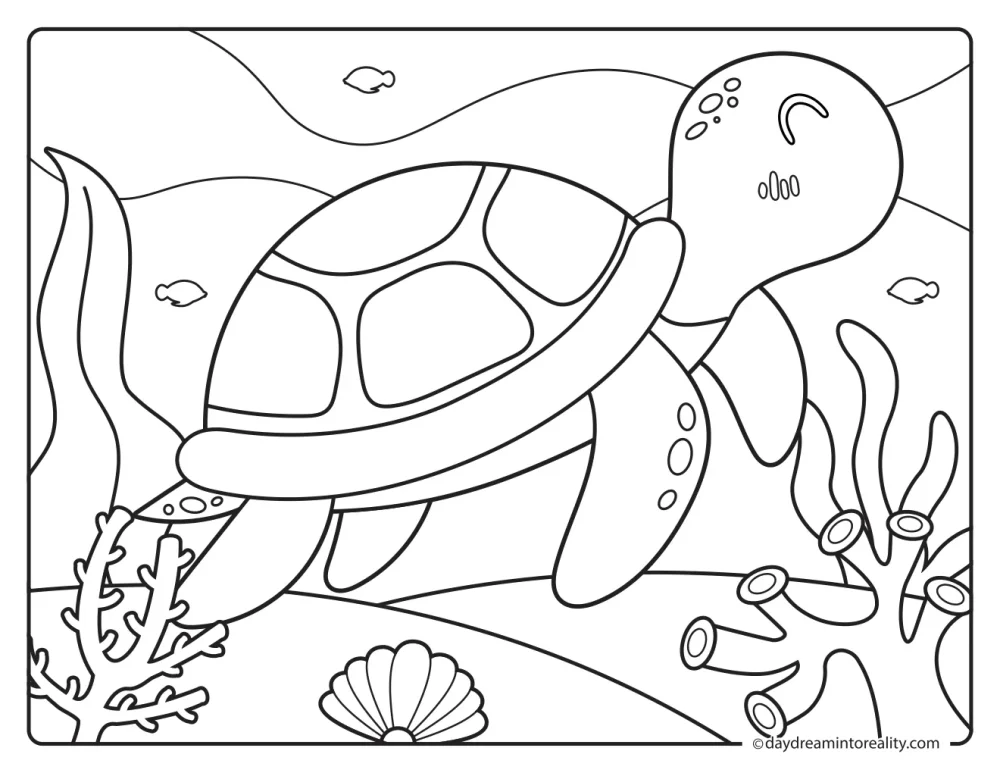 Sea turtle swimming above coral, seaweed, tube sponges, a shell, and small fish.