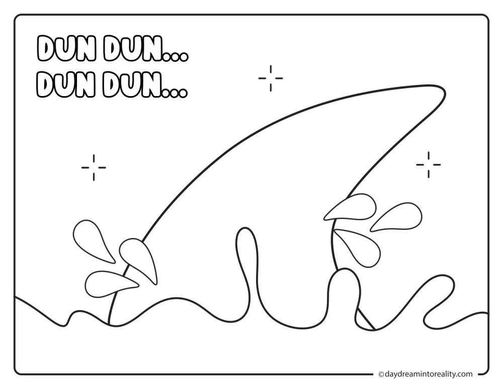 Large shark fin cutting through splashing ocean water beneath playful Dun Dun text.