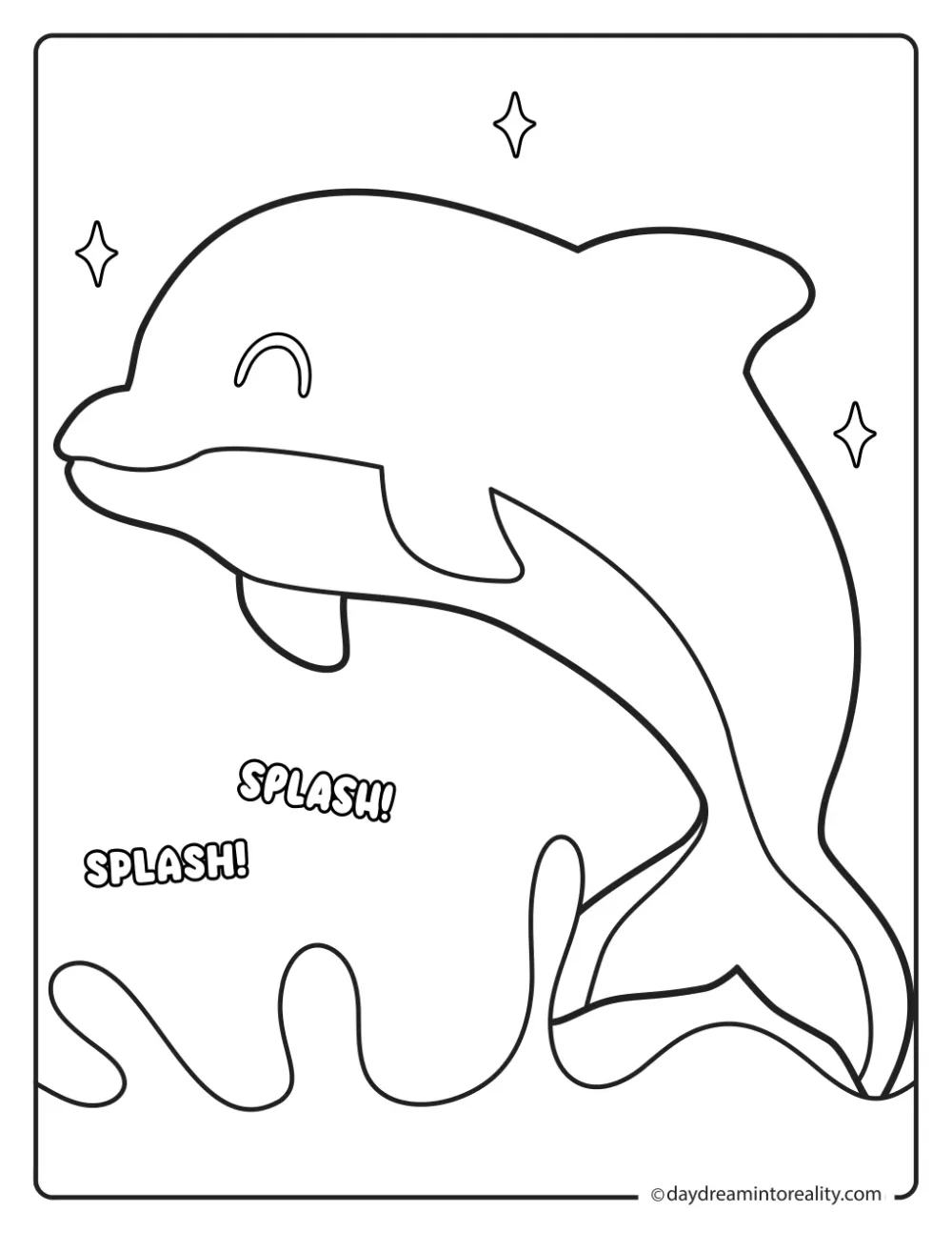 Happy dolphin leaping through splashing ocean water with sparkles and playful Splash text.