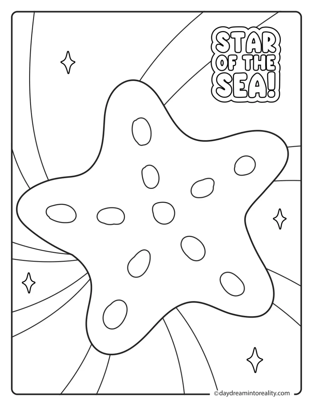 Large starfish underwater with flowing ocean lines, sparkles, and Star of the Sea text.