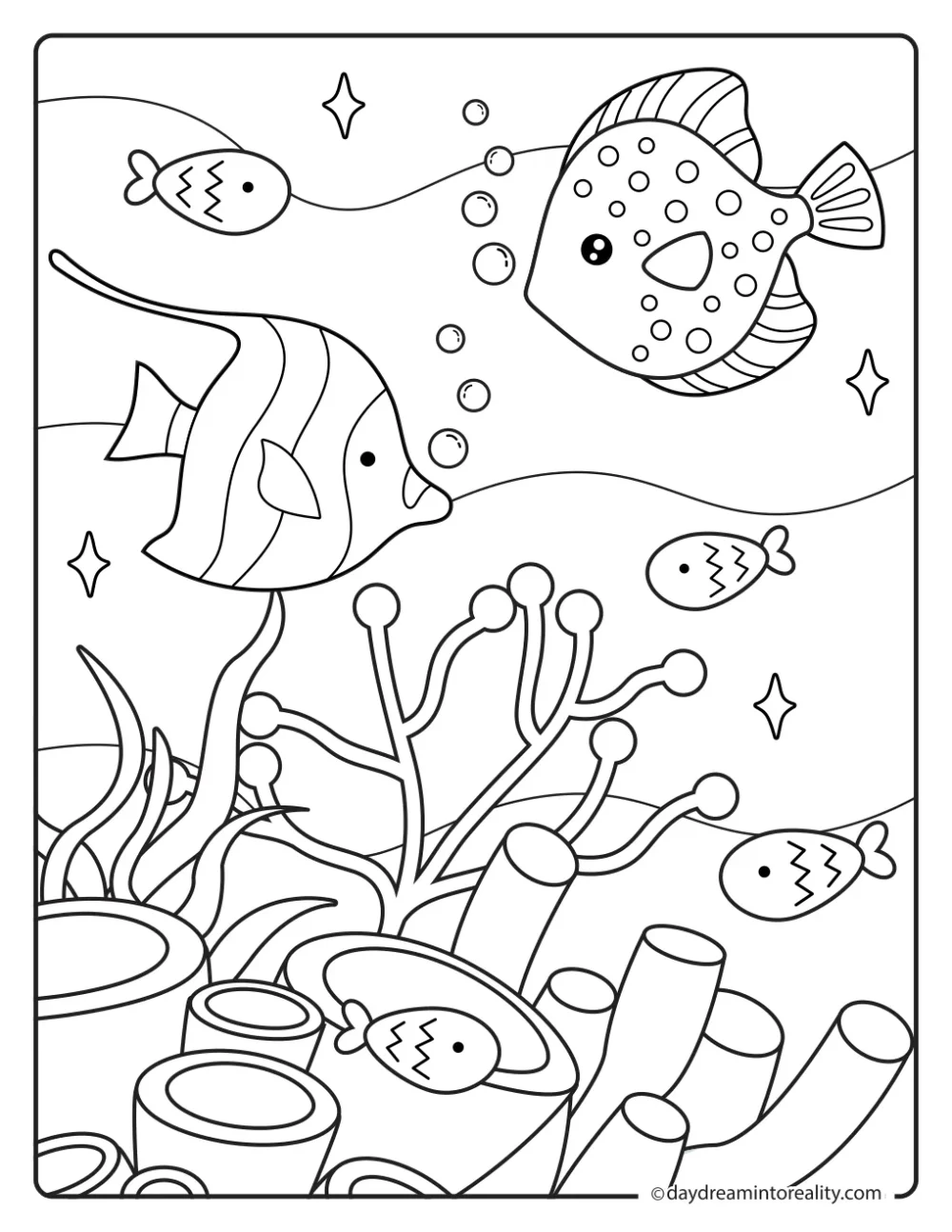 Tropical fish swimming through a coral reef filled with tube sponges, sea plants, and bubbles.