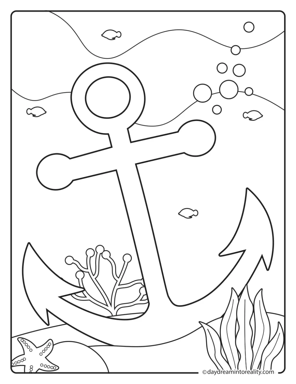 Large anchor resting underwater among coral, seaweed, bubbles, fish, and a starfish.
