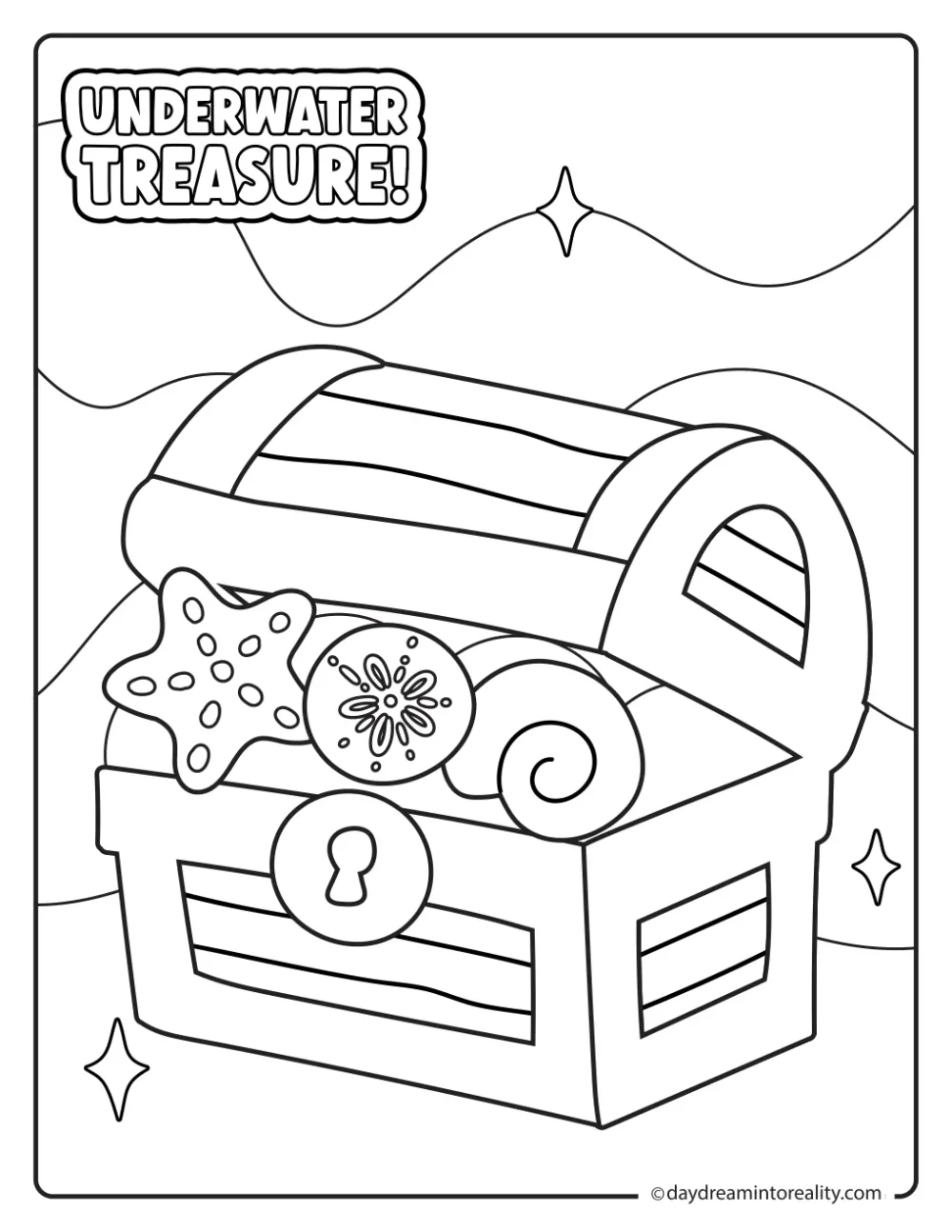 Underwater treasure chest filled with seashells and a sand dollar beneath Underwater Treasure text.