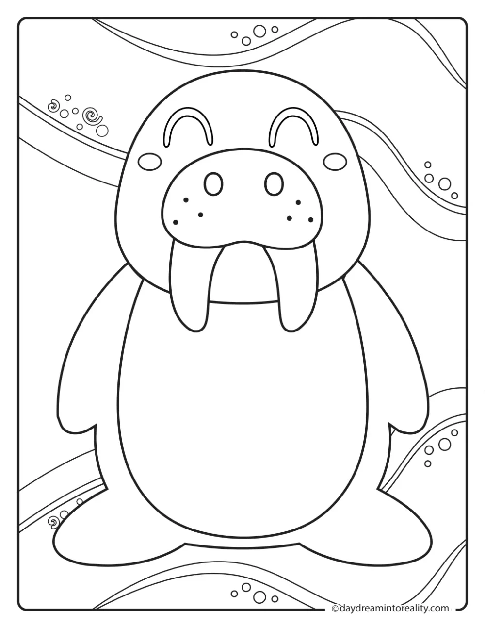 Friendly walrus with long tusks and flippers surrounded by bubbles and flowing ocean lines.
