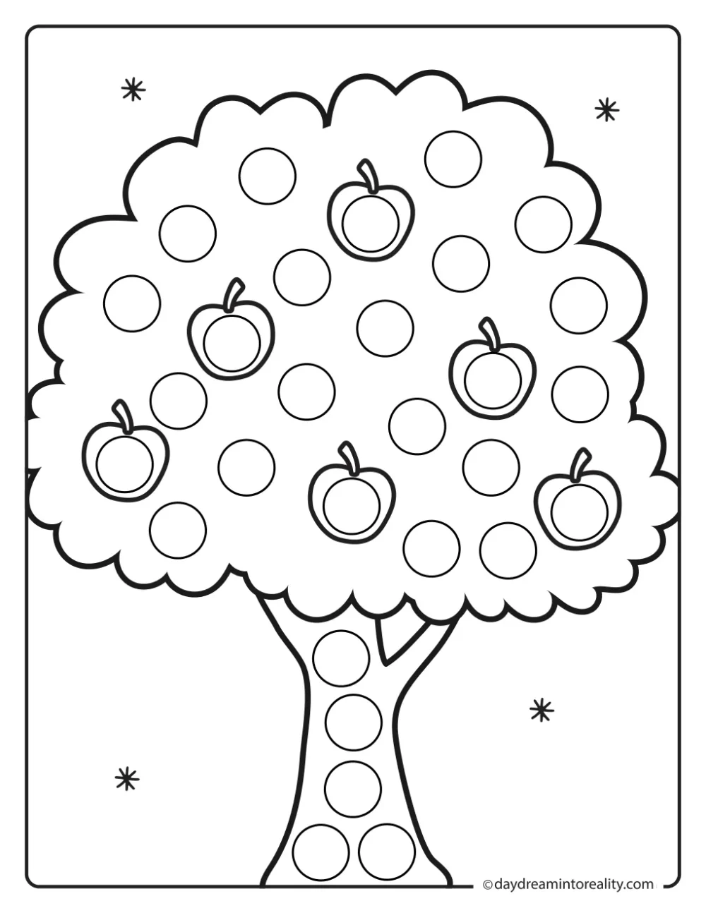 Black and white farm dot marker printable featuring a leafy apple tree filled with round apples.
