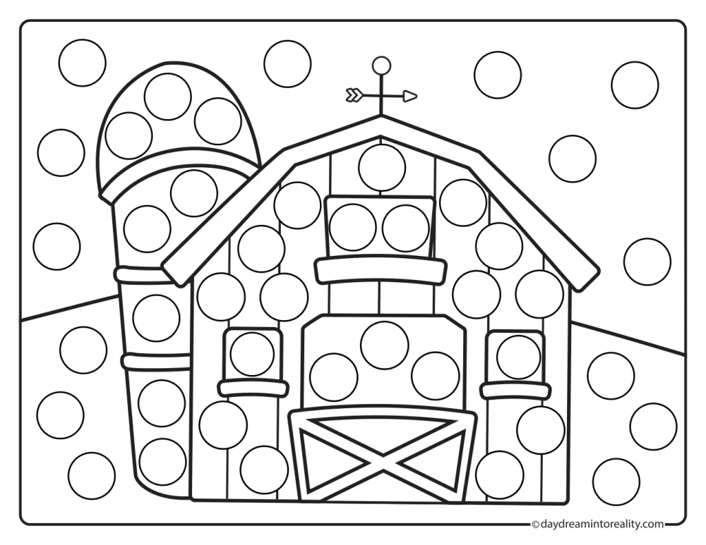 Black and white farm dot marker printable featuring a barn and silo beneath a dotted sky.