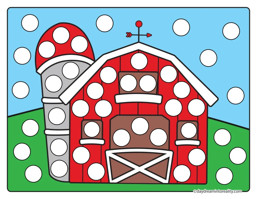 Color farm dot marker printable featuring a barn and silo beneath a dotted sky.