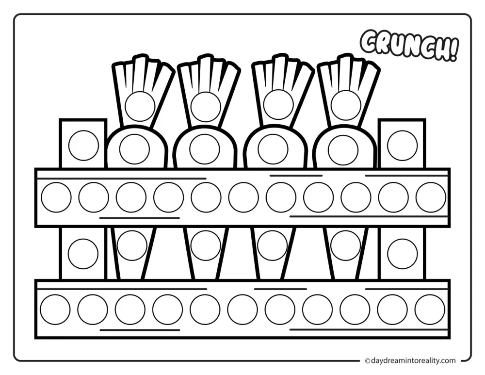 Black and white farm dot marker printable featuring rows of carrots displayed on a produce stand.
