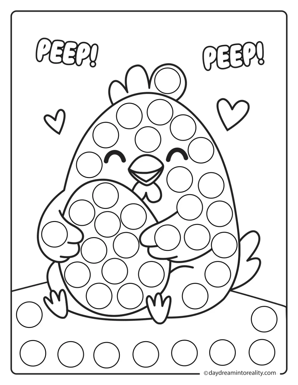 Black and white farm dot marker printable featuring a baby chick hugging a large egg.