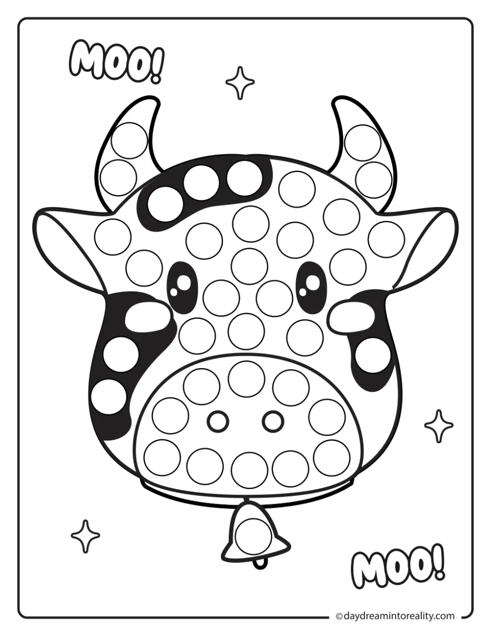 Black and white farm dot marker printable featuring a friendly cow face with horns and spotted markings.