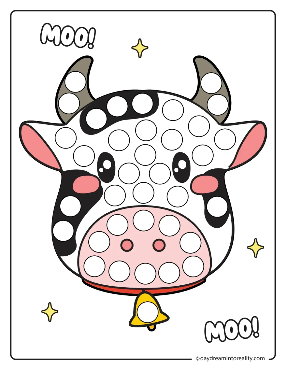 Color farm dot marker printable featuring a friendly cow face with horns and spotted markings.