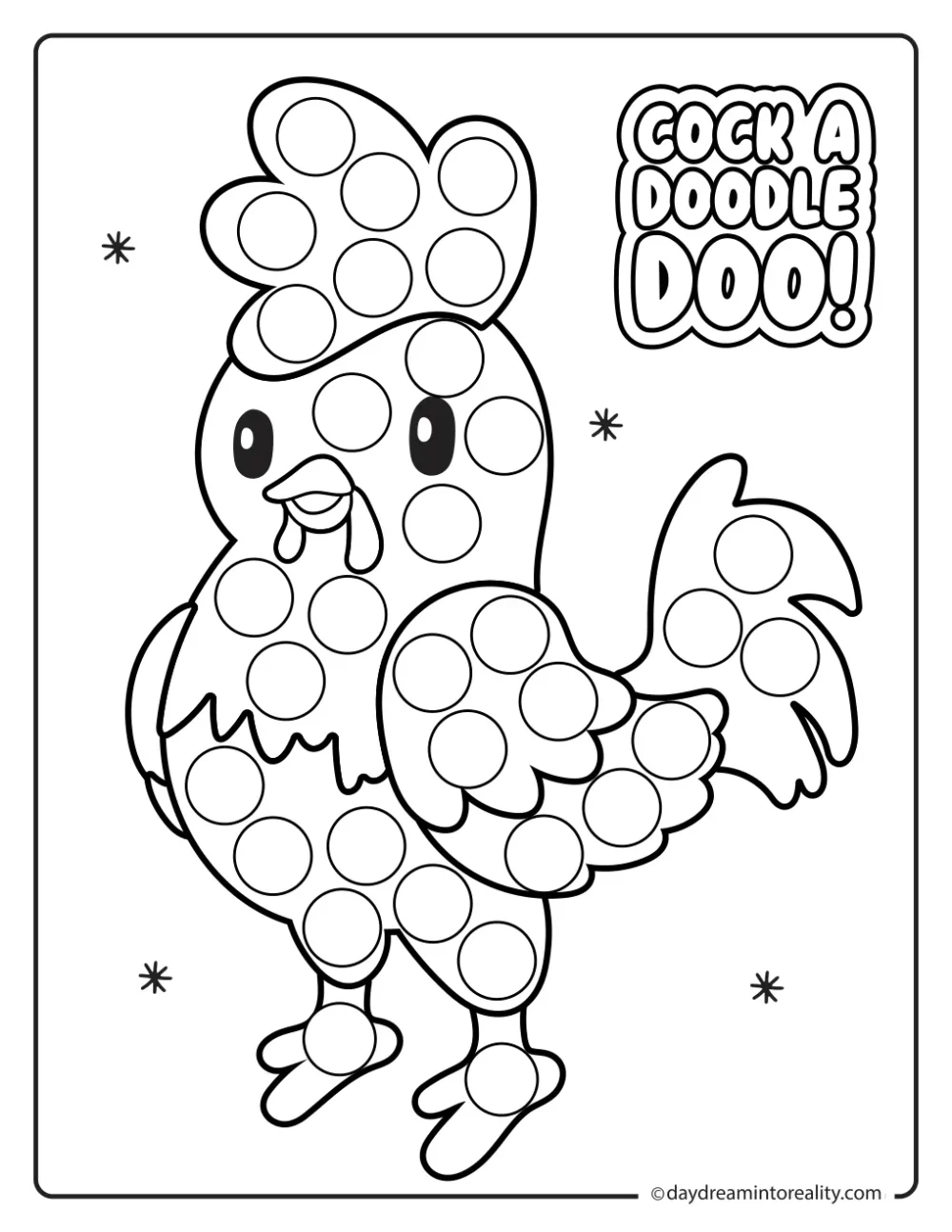 Black and white farm dot marker printable featuring a standing rooster crowing on the farm.