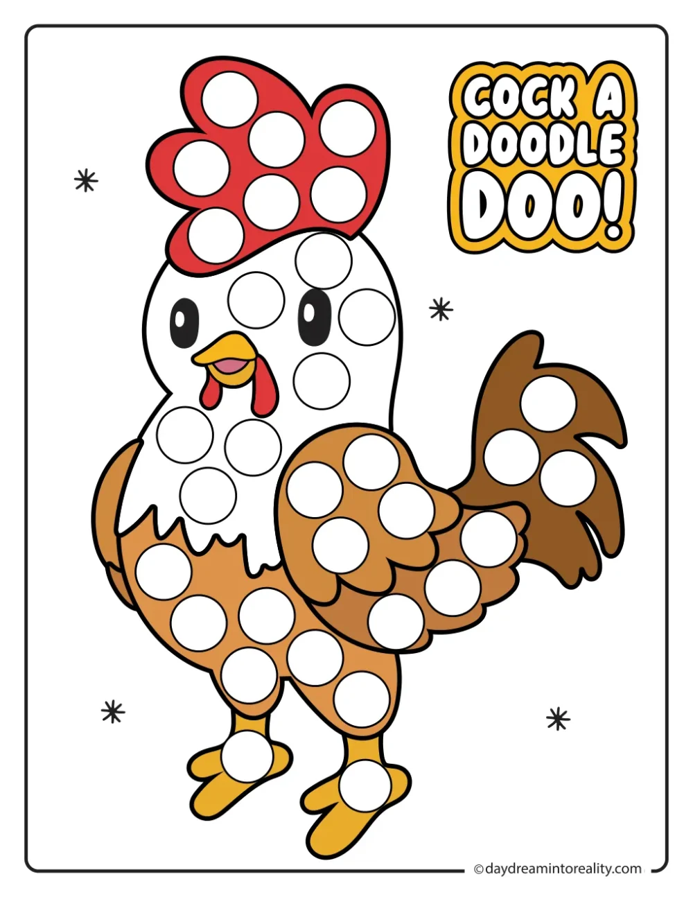 Color farm dot marker printable featuring a standing rooster crowing on the farm.