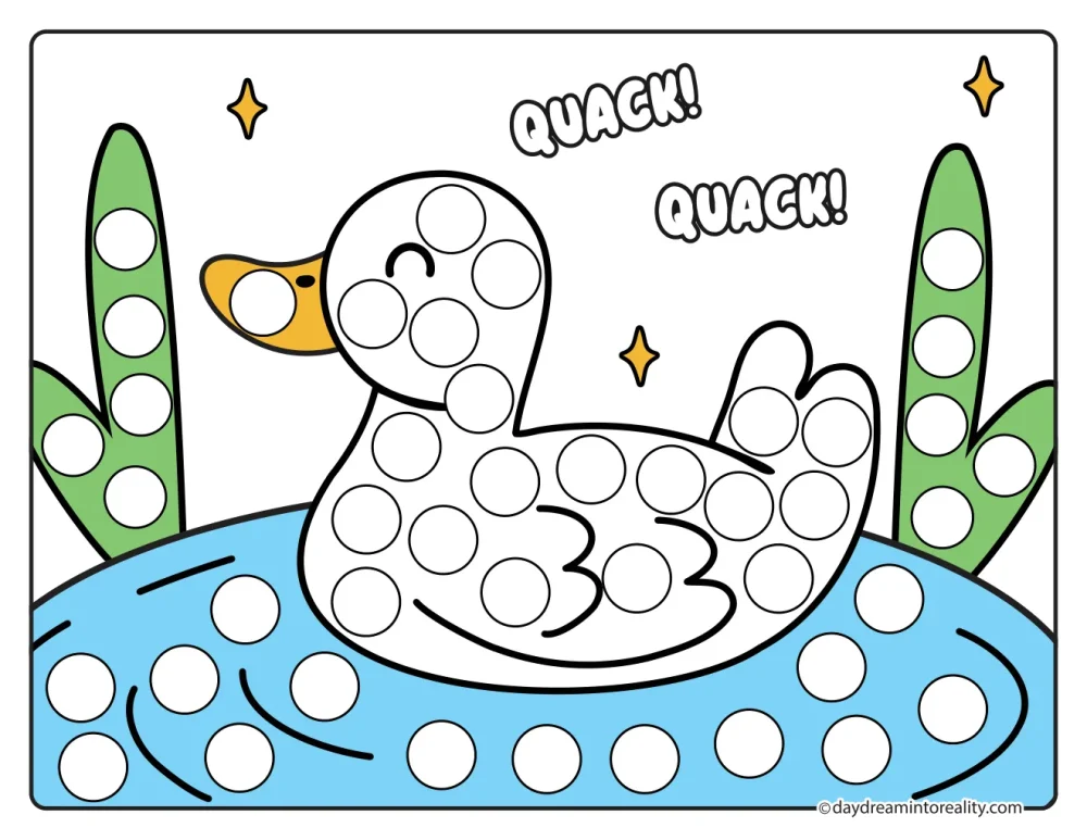 Color farm dot marker printable featuring a duck swimming in a pond surrounded by reeds.