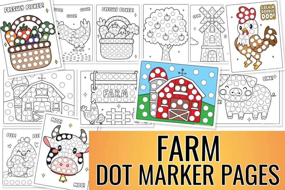 Square preview of farm dot marker printables featuring farm animals, vegetables, a tractor, barn and farmer in color and black and white.