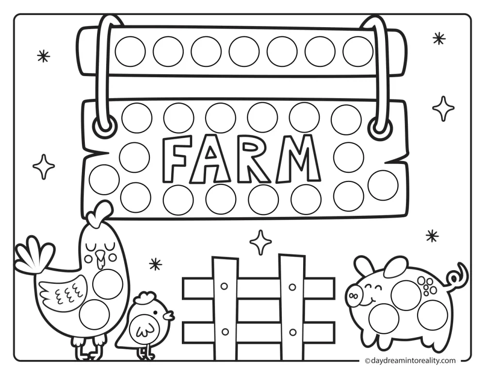 Farm dot marker printable featuring a farm sign with a fence and small farm animals.