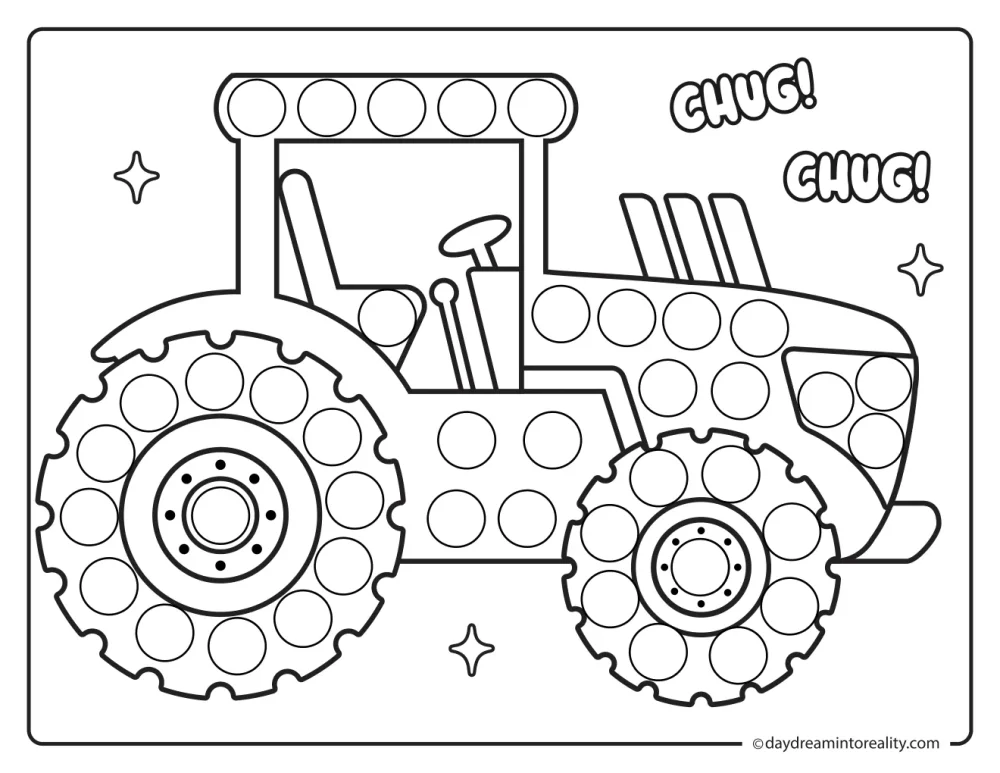 Black and white farm dot marker printable featuring a large tractor with dotted wheels and body.