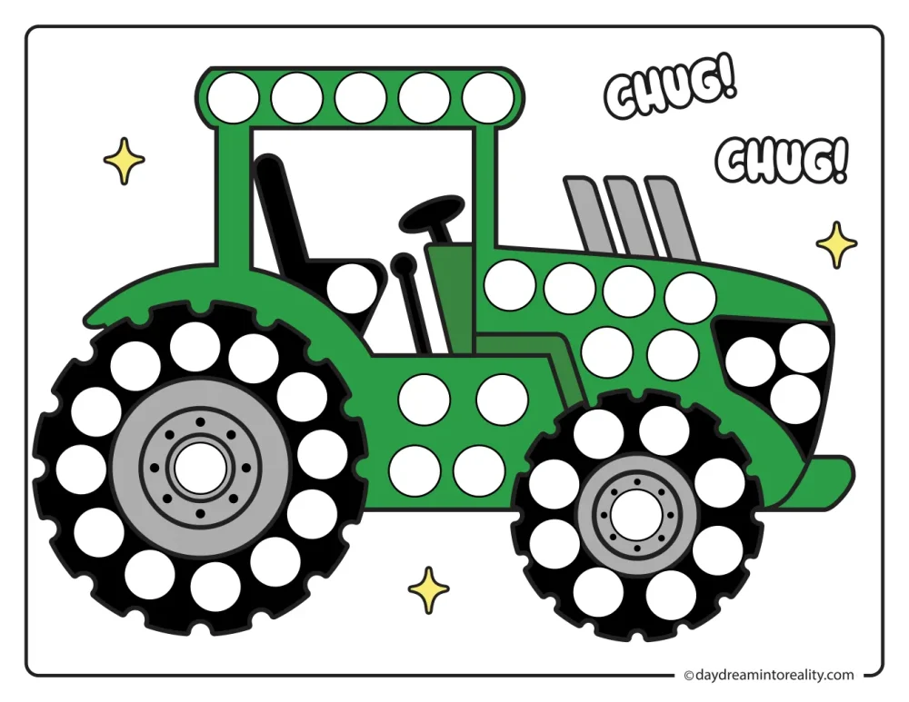 Color farm dot marker printable featuring a large tractor with dotted wheels and body.
