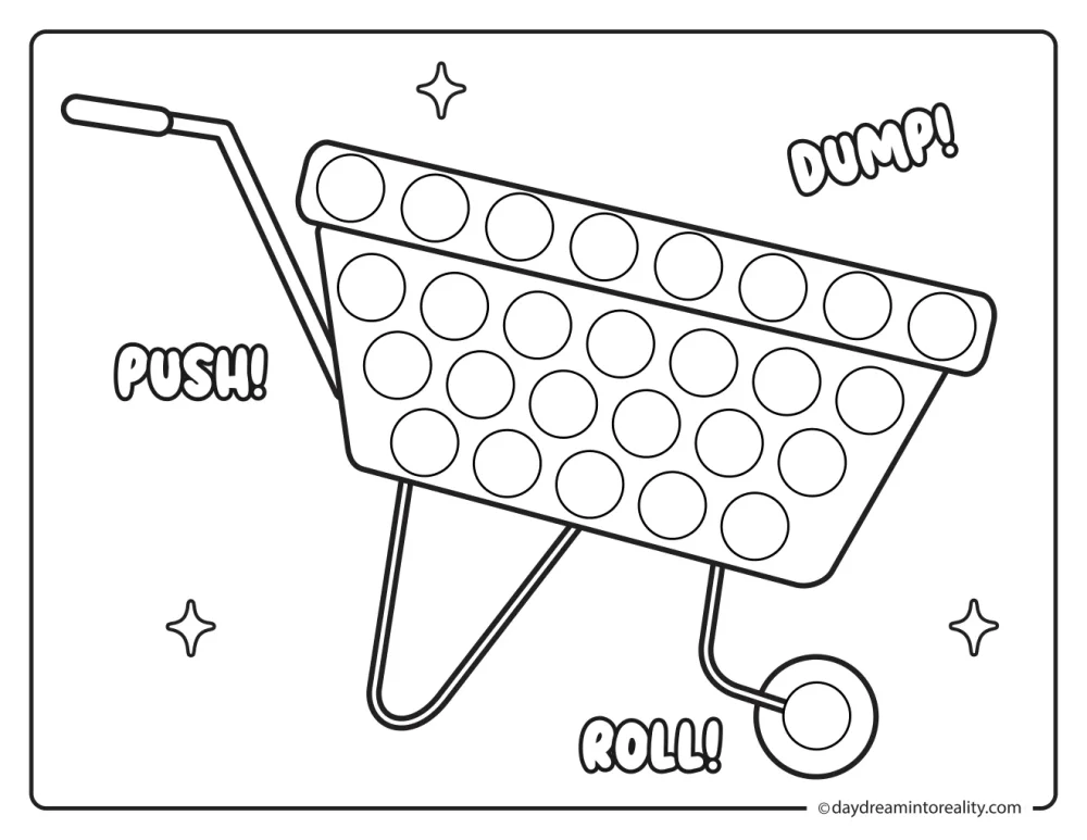 Black and white farm dot marker printable featuring a wheelbarrow ready to push around the farm.