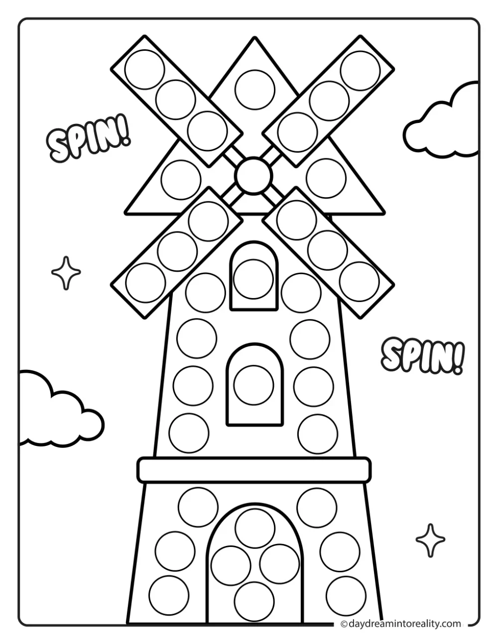 Farm dot marker printable featuring a tall windmill with blades and a dotted base.