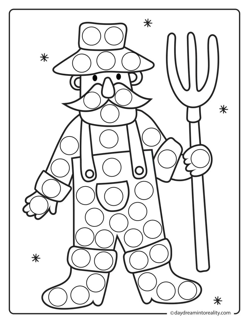 Black and white farm dot marker printable featuring a farmer in overalls holding a pitchfork.