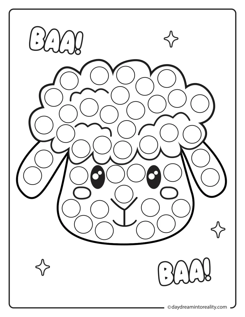 Black and white farm dot marker printable featuring a fluffy sheep face with long ears.