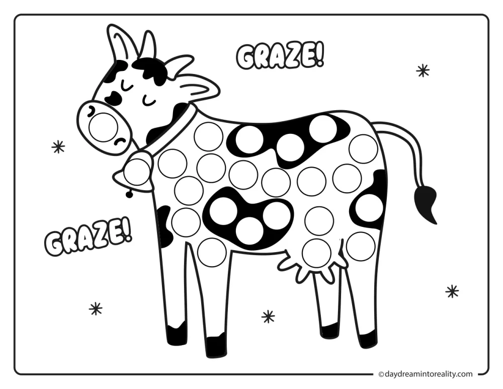 Farm dot marker printable featuring a full-body cow grazing in the pasture.