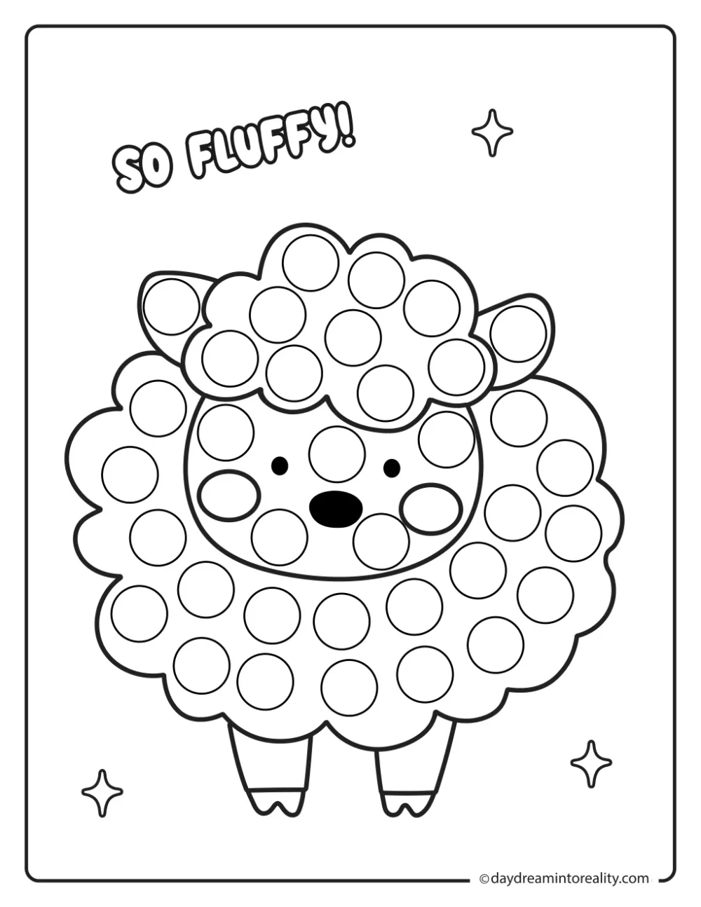 Black and white farm dot marker printable featuring a full-body sheep with fluffy wool.