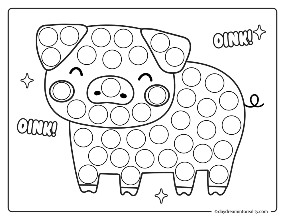 Black and white farm dot marker printable featuring a cheerful full-body pig standing on the farm.