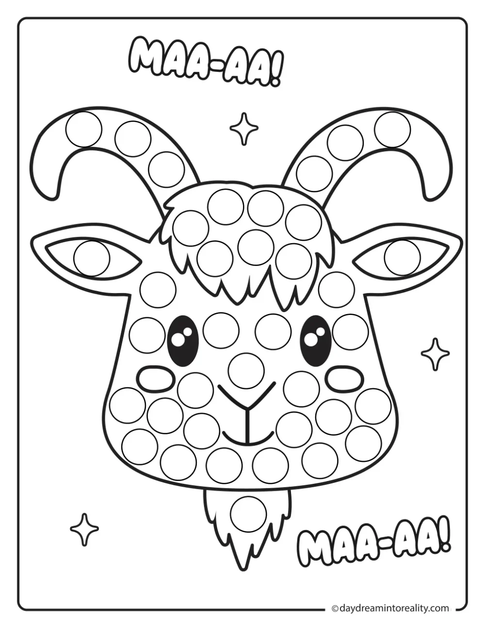 Black and white farm dot marker printable featuring a friendly goat face with large curved horns.