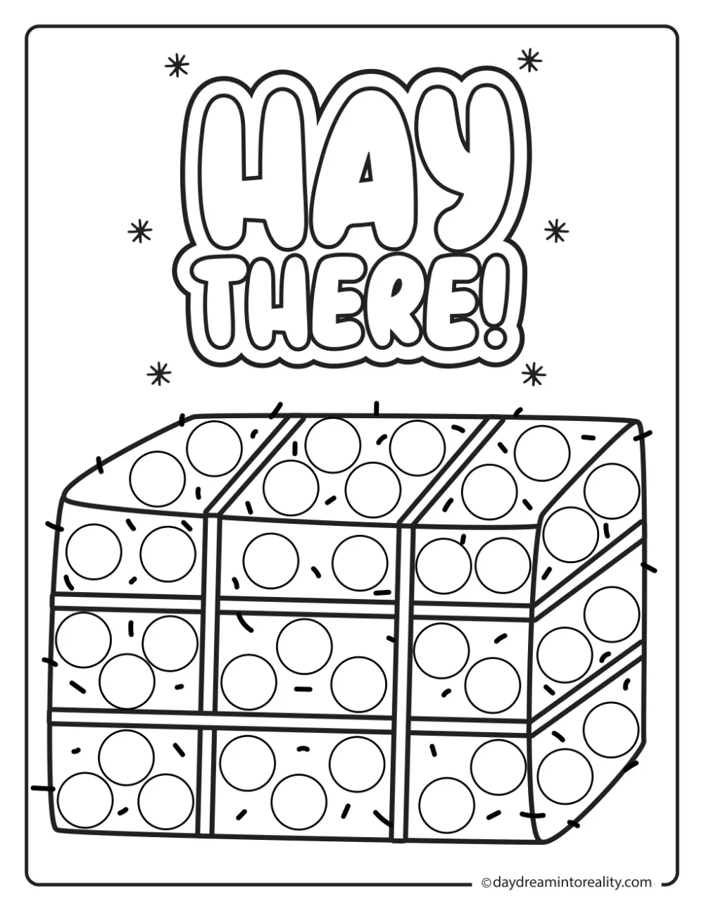 Farm dot marker printable featuring a textured rectangular hay bale with dot circles.