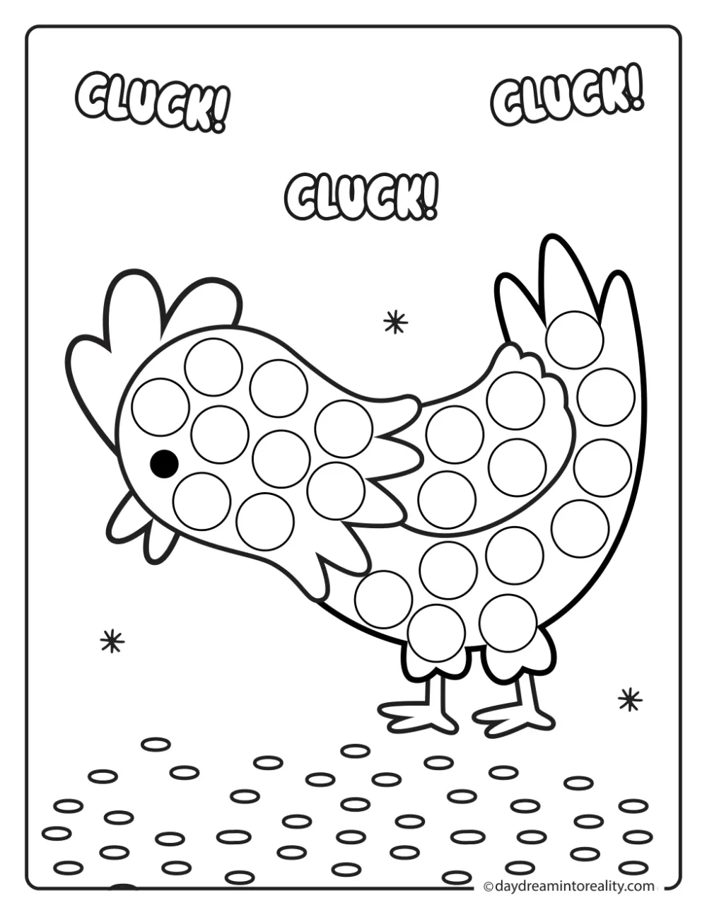 Black and white farm dot marker printable featuring a hen pecking grain from the ground.