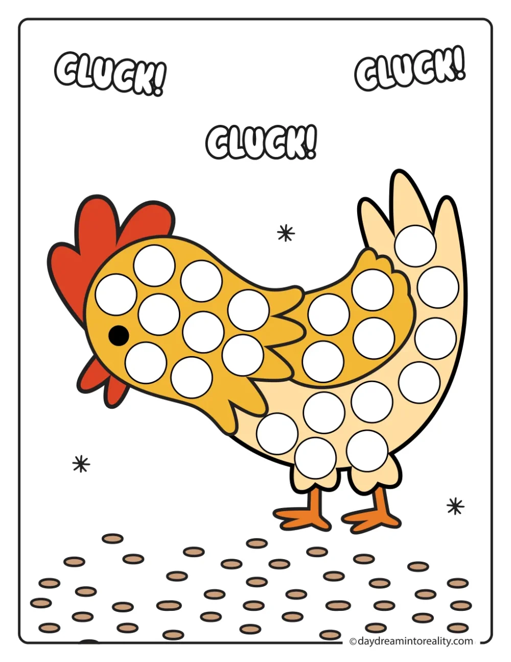 Color farm dot marker printable featuring a hen pecking grain from the ground.