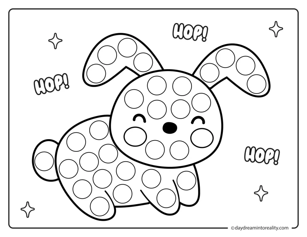 Black and white farm dot marker printable featuring a bunny with long ears and round dot spaces.